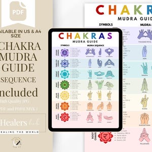 May include: A digital Chakra Mudra Guide with symbols and sequences, available in US and A4 sizes. The guide includes high-quality JPG and PDF formats. The text on the guide is in a variety of colors, including red, blue, and green.