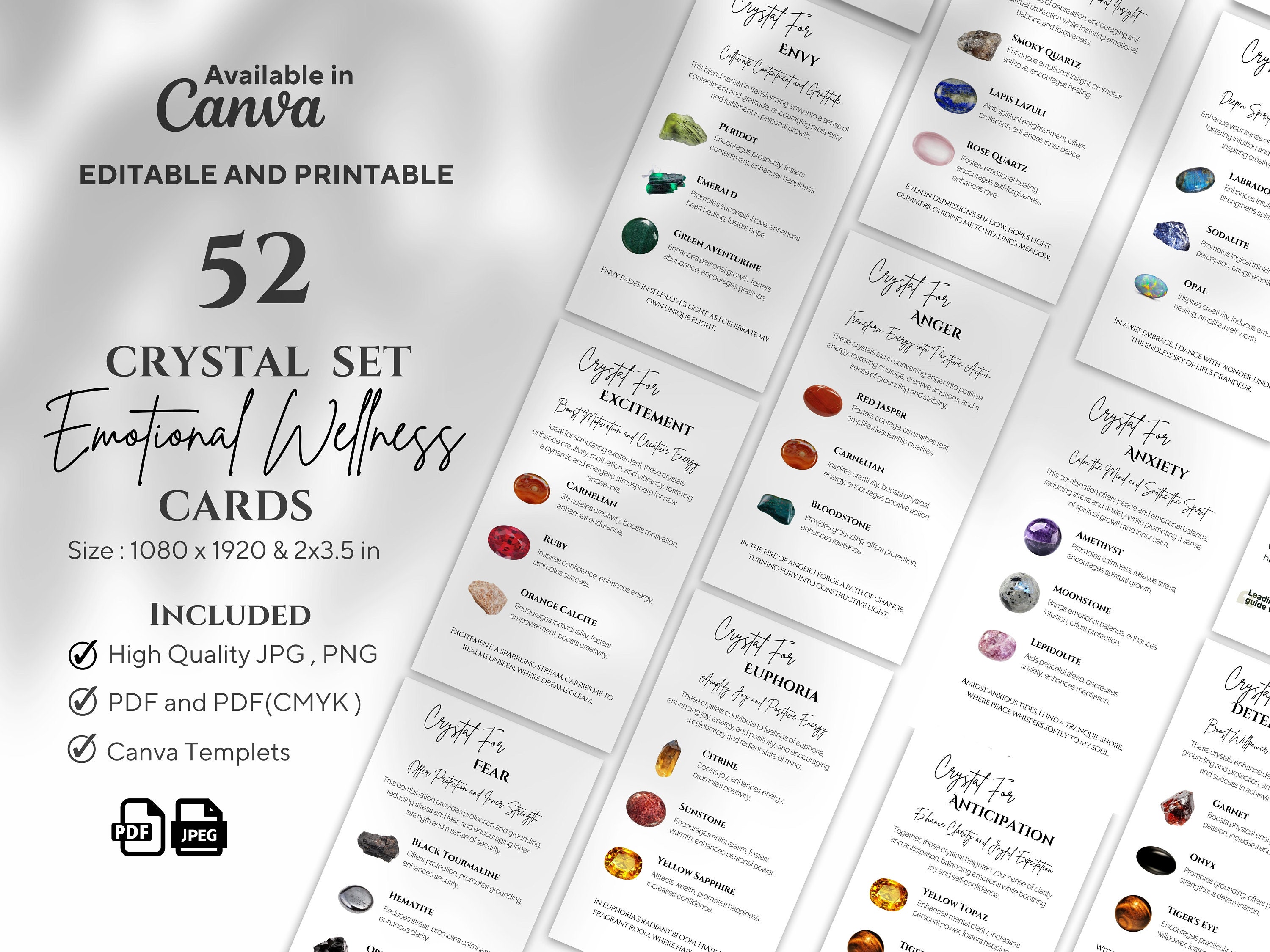 52 Emotional Wellness Crystal Set Cards, Editable & Printable Crystal