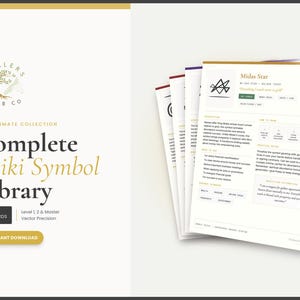 May include: A collection of Reiki symbol cards, featuring the text "Complete Reiki Symbol Library" and "34 Cards". The cards are white with gold and black text. The image also shows a stack of cards with the title "Midas Star".