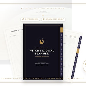 Op de afbeelding: Een digitale planner met een donkerblauwe omslag en gouden accenten, met de tekst "Witchy Digital Planner". De planner bevat secties voor schaduwwerk, spell tracking en maanmagie, met meer dan 500 pagina's. Het is hyperlinked en GoodNotes-klaar.