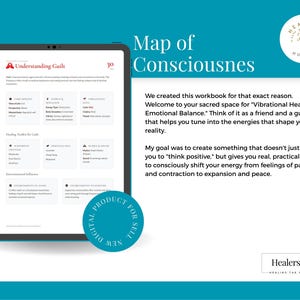 May include: A digital workbook titled "Understanding Guilt" displayed on a tablet. The workbook includes sections on healing tools and environmental influences. The image also features text: "Map of Consciousness" and "Digital Product for Sale."