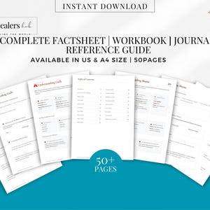 May include: A digital download of a complete factsheet, workbook, journal, and reference guide. The pages are white with black text and red accents. The text includes "Healing Goals", "Understanding Goals", and "Tracking My Progress". Available in US and A4 size, with 50+ pages.
