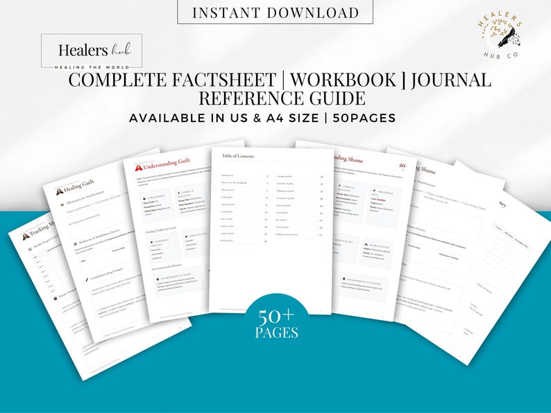 May include: A digital download of a complete factsheet, workbook, journal, and reference guide. The pages are white with black text and red accents. The text includes "Healing Goals", "Understanding Goals", and "Tracking My Progress". Available in US and A4 size, with 50+ pages.