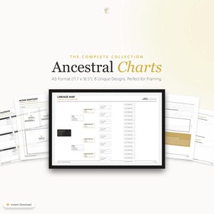 Op de afbeelding: Een verzameling stamboomkaarten in A3-formaat (29,7 x 42 cm). De afbeelding toont een stamboomkaart in een zwart frame, omringd door andere kaartontwerpen. De tekst luidt "The Complete Collection Ancestral Charts".