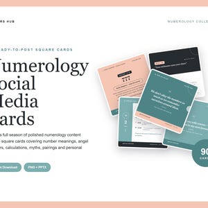 Könnte beinhalten: Ein Set aus 90 quadratischen Social-Media-Karten mit dem Titel Numerology Social Media Cards von Healers Hub. Die Sammlung umfasst verschiedene Designs in Pfirsich, Petrol und Schwarz mit weißem Text, einschließlich Zitaten und Zahlenbedeutungen.