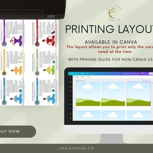 May include: A printer is shown printing exercise layouts. The layouts feature colorful illustrations of exercises with text descriptions. The text on the image says "PRINTING LAYOUTS" and "AVAILABLE IN CANVA". A computer screen displays a Canva layout.