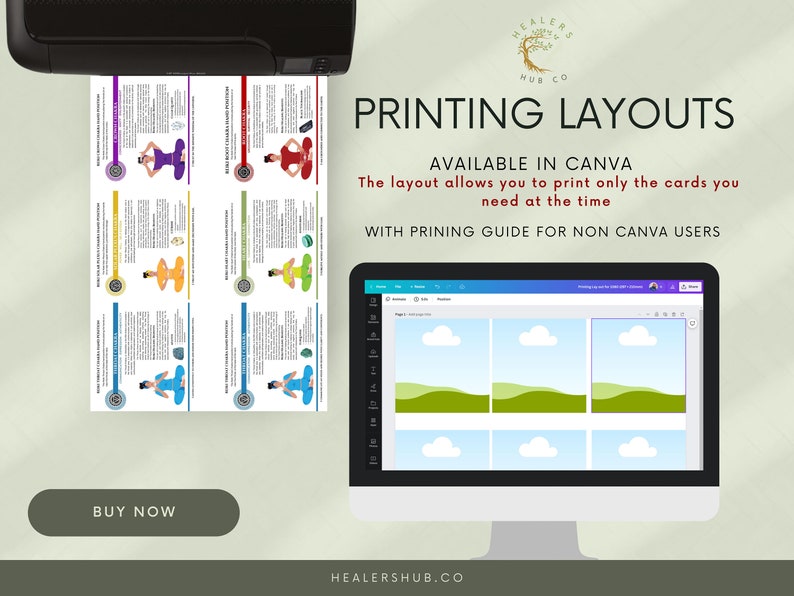 May include: A printer is shown printing exercise layouts. The layouts feature colorful illustrations of exercises with text descriptions. The text on the image says "PRINTING LAYOUTS" and "AVAILABLE IN CANVA". A computer screen displays a Canva layout.