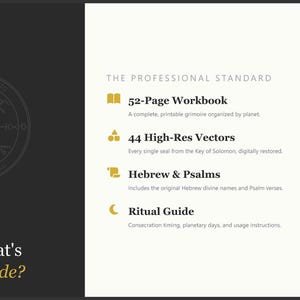 May include: A digital product advertisement with a dark gray and cream color scheme. The text reads "What's Inside?" and lists a 52-page workbook, 44 high-res vectors, Hebrew & Psalms, and a ritual guide.