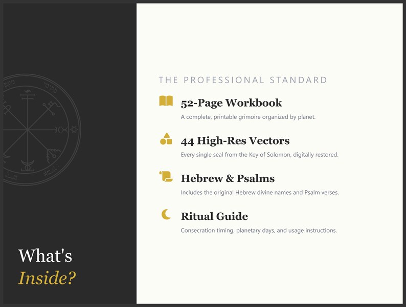 May include: A digital product advertisement with a dark gray and cream color scheme. The text reads "What's Inside?" and lists a 52-page workbook, 44 high-res vectors, Hebrew & Psalms, and a ritual guide.