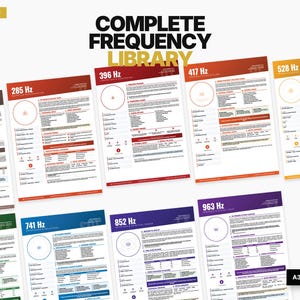 May include: A bundle of nine A3 high-resolution sheets from the Complete Frequency Library. Each sheet features a different frequency, with the frequency in Hz displayed prominently. The sheets have a white background with colored borders and text.