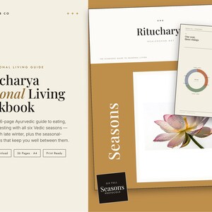 May include: A 36-page Ritucharya Seasonal Living Workbook PDF guide featuring a tan and white cover with the text Healers Hub Co, Ritucharya, and Seasons. The document includes a page with a circular chart and a photograph of a pink lotus flower.