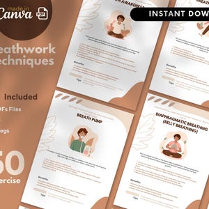 50 Breathing Exercise Techniques | Breathwork PDF & Editable Canva Link for Relaxation and Focus