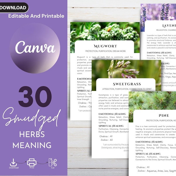 30 Herb Smudge Cards - Spiritual | Smudging Cards, Smudging Prayer Cards & Smudging Instructions, and Smudging Guide, Energy Cleansing Kit