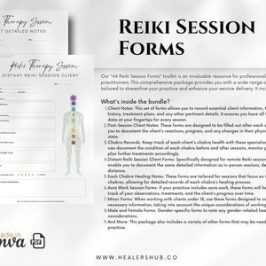 Op de afbeelding: Een set van 44 printbare formulieren voor Reiki-beoefenaars. De formulieren zijn ontworpen om u te helpen bij het registreren van klantgegevens, het volgen van de gezondheid van chakra's en het documenteren van sessies. De formulieren zijn beschikbaar als digitale download. De afbeelding toont een kleurrijke illustratie van een persoon met gemarkeerde chakra's.