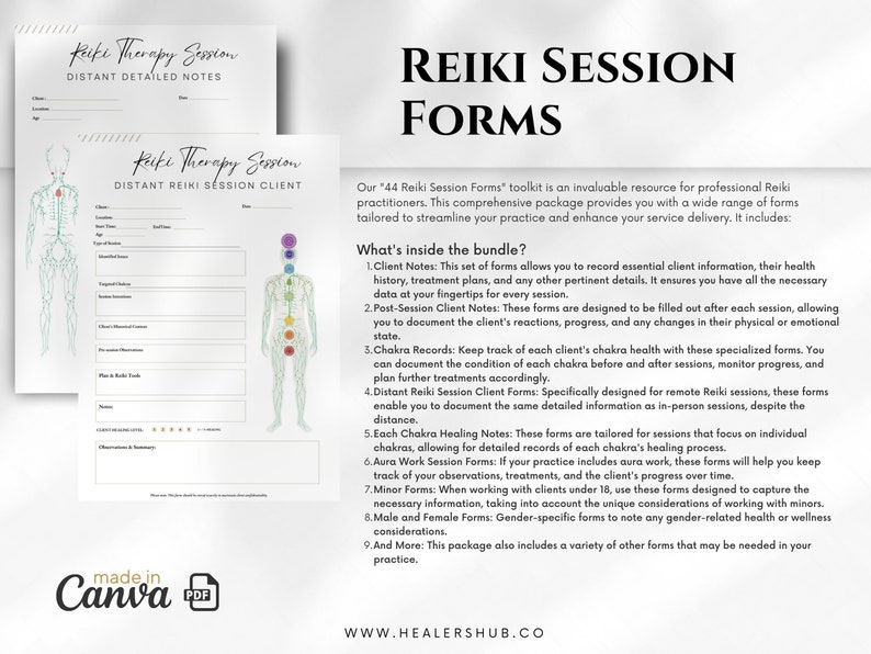 Op de afbeelding: Een set van 44 printbare formulieren voor Reiki-beoefenaars. De formulieren zijn ontworpen om u te helpen bij het registreren van klantgegevens, het volgen van de gezondheid van chakra's en het documenteren van sessies. De formulieren zijn beschikbaar als digitale download. De afbeelding toont een kleurrijke illustratie van een persoon met gemarkeerde chakra's.