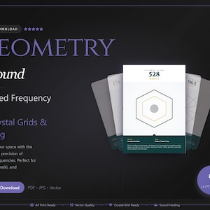 Könnte beinhalten: Digitaler Download von 9 heiligen Frequenzkarten für Kristallgitter und Heilung. Die Karten zeigen geometrische Designs und den Text "Geometry of Sound". Sie sollen den Raum mit Solfeggio-Frequenzen harmonisieren.