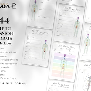 May include: A set of 44 printable Reiki session forms. The forms include client notes, post-session client notes, chakra records, distant Reiki session client, each chakra healing notes, aura work session, minor forms, male forms, female forms, and more. All forms are in one download.