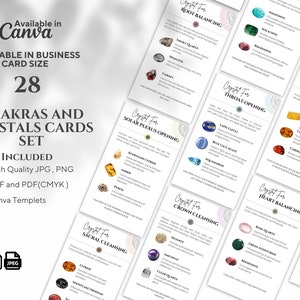 Set di 28 biglietti per chakra e cristalli: modificabili, stampabili, affermazioni sui chakra, significato dei cristalli, formati Canva e PDF