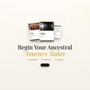 Peut inclure: Image pr&eacute;sentant trois documents num&eacute;riques avec le texte "Begin Your Ancestral Journey Today". Les documents incluent les titres "Ancestry Workbook" et "Book of Shadows". Le fond est de couleur beige clair.