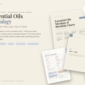 Könnte beinhalten: Ein druckbares PDF-Buch mit Mischtabellen namens Essential Oils Mixology, das 80 Mischrezepte für Haut, Körper, Haar und Zuhause enthält. Das Dokument umfasst 30 Mischtabellen, eine Verdünnungstabelle, ein Mischraster und eine Sicherheitsseite.