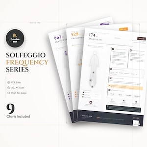 Puede incluir: Una pila de gráficos PDF imprimibles blancos de la serie Solfeggio Frequency. Los gráficos incluyen objetivos anatómicos, frecuencias y otra información. Los gráficos están etiquetados con el texto "963 Hz Transcene", "528 Hz Transform" y "174 Hz Anesthetic".