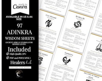 Op de afbeelding: Een zwart-wit afbeelding met 97 Adinkra Wisdom Sheets met oude Afrikaanse symbolen voor modern leven. De afbeelding bevat de tekst "Made in Canva", "Available in US & A4 Size" en "Included: High Quality JPG, PDF and PDF(CMYK)".