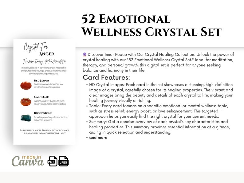 52 Emotional Wellness Crystal Set Cards, Editable & Printable Crystal