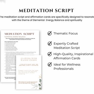 May include: Meditation script and affirmation cards featuring a watercolour floral design. The script focuses on elemental energy balance and includes a section on flowing with water energy. The cards feature inspirational quotes and affirmations.