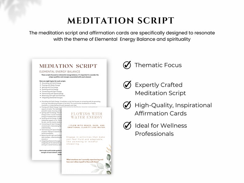 May include: Meditation script and affirmation cards featuring a watercolour floral design. The script focuses on elemental energy balance and includes a section on flowing with water energy. The cards feature inspirational quotes and affirmations.