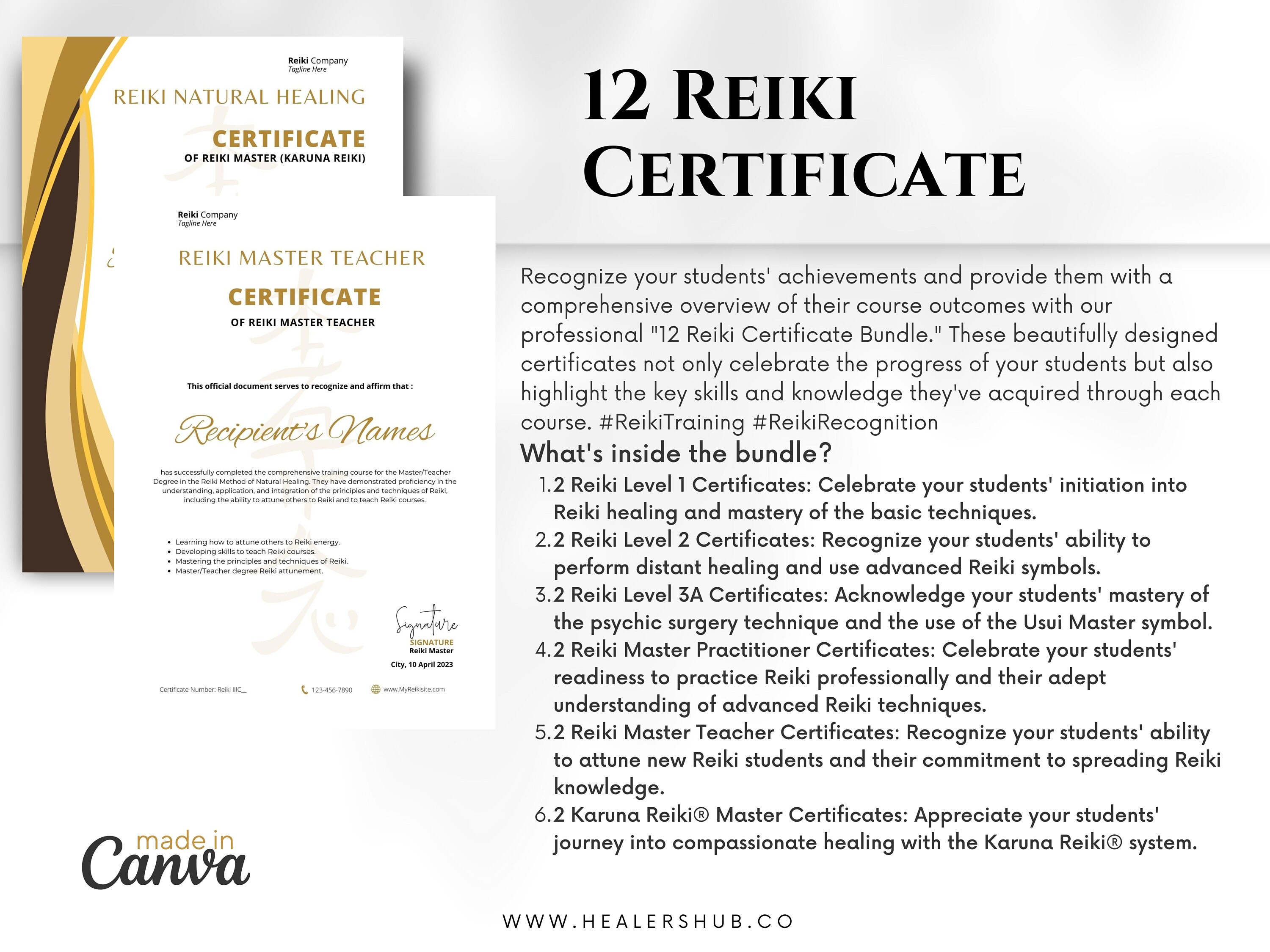 12 Reiki Editable Certificates Bundle Reiki Achievement - Etsy
