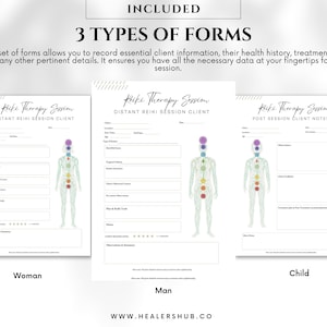 Op de afbeelding: Drie printbare formulieren voor het registreren van Reiki-sessies. De formulieren zijn getiteld "Klant voor Reiki-sessie op afstand", "Klant voor Reiki-sessie op afstand" en "Notities van de klant na de sessie". Elk formulier bevat een gestileerde afbeelding van een persoon met zeven chakra's.