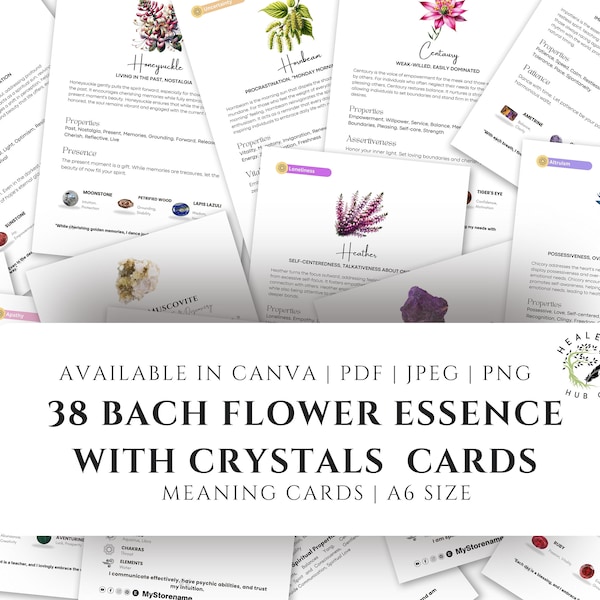 Tarjetas de flores de Bach con cristales, cristal de esencia de flores de Bach, aromaterapia y homeopatía - Editables e imprimibles /Tarjetas curativas de remedios de Bach