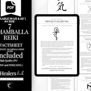 May include: A digital download of a Shamballa Reiki factsheet in black and white. The image shows a tablet with text about ancient Egyptian symbols and a PDF icon. The text includes "Healers Hub" and "Healing the World."