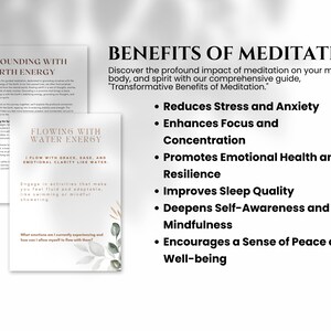 May include: A printable guide to the benefits of meditation. The guide features a green and brown leafy design and lists benefits such as reducing stress and anxiety, enhancing focus and concentration, and promoting emotional health and resilience.