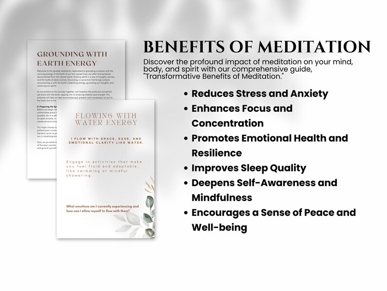 May include: A printable guide to the benefits of meditation. The guide features a green and brown leafy design and lists benefits such as reducing stress and anxiety, enhancing focus and concentration, and promoting emotional health and resilience.