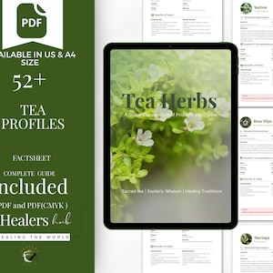 Może przedstawiać: Cyfrowy przewodnik zatytułowany "Tea Herbs" z ponad 52 profilami herbat, dostępny w rozmiarach US i A4. Przewodnik zawiera arkusz informacyjny i kompletny przewodnik, w formatach PDF i PDF(CMYK). Okładka przedstawia zielone tło z białymi kwiatami.