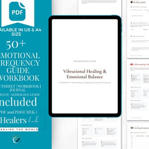 Könnte beinhalten: Ein digitales Arbeitsbuch mit dem Titel "Vibrational Healing & Emotional Balance" auf einem Tablet. Der türkisfarbene Hintergrund zeigt den Text: "50+ Emotional Frequency Guide Workbook" und "Included PDF". Zusätzliche Seiten sind sichtbar, die Heilung und emotionales Gleichgewicht detailliert beschreiben.