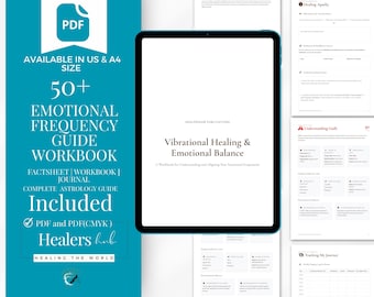 May include: A digital workbook titled "Vibrational Healing & Emotional Balance" on a tablet. The teal background features text: "50+ Emotional Frequency Guide Workbook" and "Included PDF". Additional pages are visible, detailing healing and emotional balance.