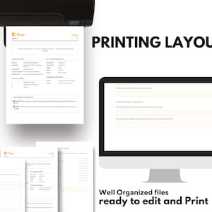 May include: An image shows a printer printing a document labelled "Fear". A computer monitor displays a document, alongside other printed sheets. The text "PRINTING LAYOUTS" and "Well Organized files ready to edit and Print" are also visible.