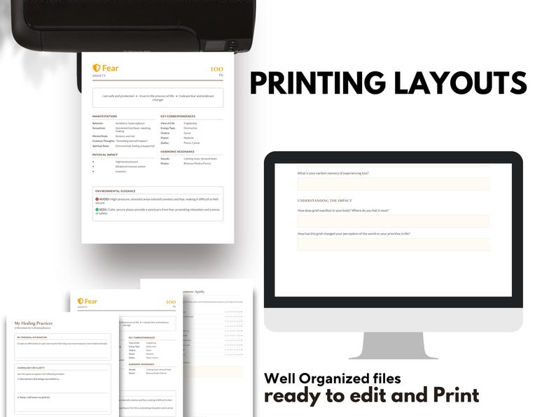 May include: An image shows a printer printing a document labelled "Fear". A computer monitor displays a document, alongside other printed sheets. The text "PRINTING LAYOUTS" and "Well Organized files ready to edit and Print" are also visible.