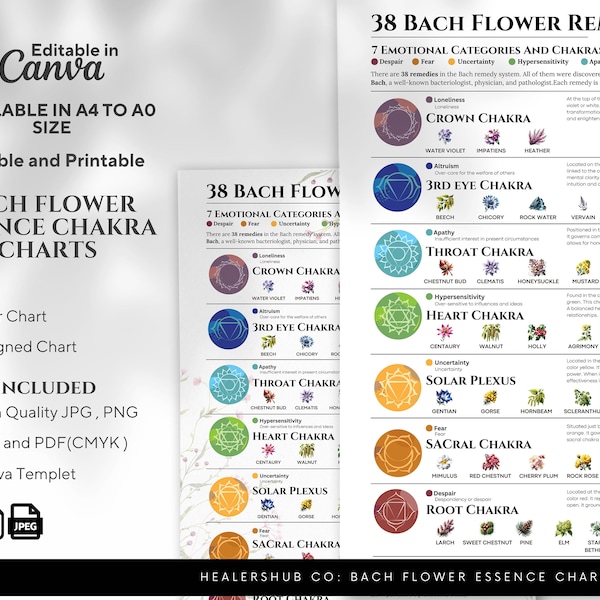 Fleurs de Bach Essence Chakras Guide Charts - oeuvre d'art murale chakra, guérison des chakras, chakras aux herbes, chakra des fleurs, imprimable, modèle canva