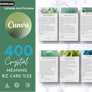 Könnte beinhalten: Eine Sammlung von Visitenkartenvorlagen mit Kristallbedeutungen. Die Karten zeigen Texte wie "Canva", "400 Crystal Meaning" und "Editable and Printable". Jede Karte hat einen anderen Kristallnamen und Heilungseigenschaften.