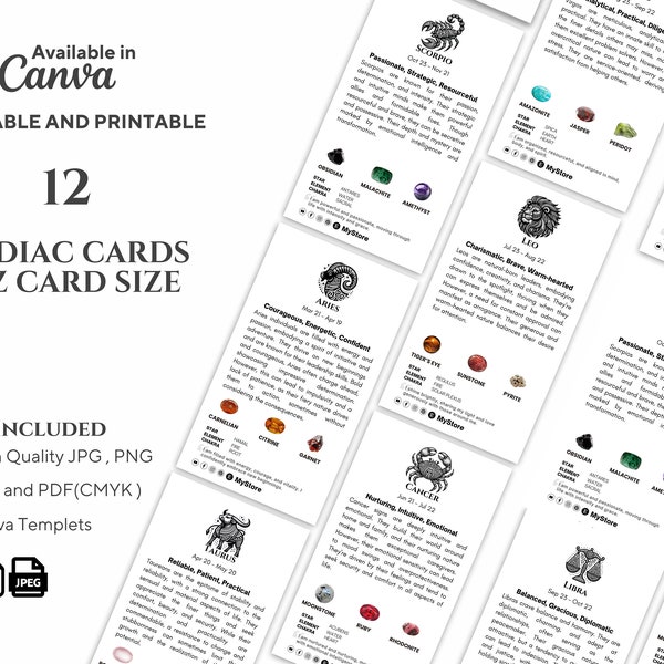 Zodiac Meaning Cards - Astrology, Chakra Guide , Crystal Healing - Business Card Size - Printable & Editable , Canva Templet