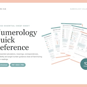 May include: A 12-page numerology quick reference cheat sheet set from Healers Hub. The document features sections on numbers, masters and karmic cycles, compatibility grids, and angel numbers, presented in a clean layout with teal accents.