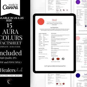 May include: A digital product with a black and white graphic, including the text "15 Aura Colours Factsheet" and "Complete Aura Guide." The image shows a tablet displaying a page about the colour red, and other pages with information about other colours. Available in US and A5 sizes.
