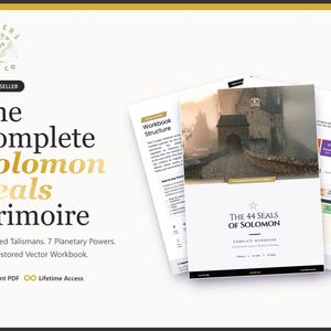 May include: A digital workbook titled "The Complete Solomon Seals Grimoire" with the text "44 Sacred Talismans. 7 Planetary Powers. Fully Restored Vector Workbook." The cover features a castle image.
