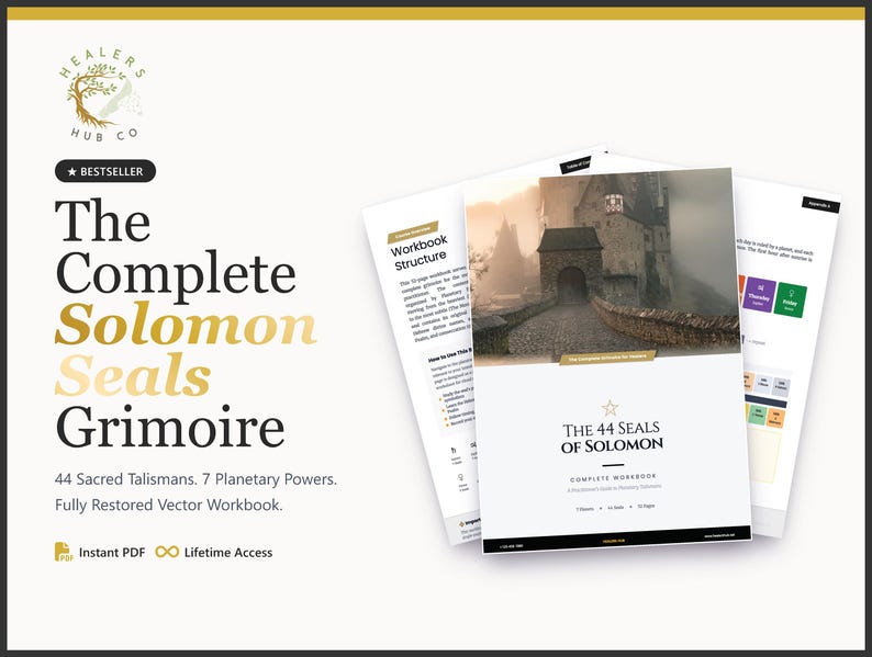 May include: A digital workbook titled "The Complete Solomon Seals Grimoire" with the text "44 Sacred Talismans. 7 Planetary Powers. Fully Restored Vector Workbook." The cover features a castle image.