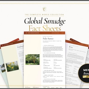 May include: A collection of fact sheets titled "Global Smudge Fact Sheets" with the text "Palo Santo" and "Koa" visible. The sheets have a cream background with brown and red accents. A black circle with "MEGA Bundle ALL REGIONS" is also present.
