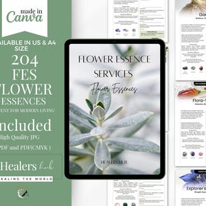 May include: Digital product featuring flower essence services. The image includes a tablet displaying the text "Flower Essence Services" and "Flower Essences". Additional pages detail specific essences like Garlic and Flora-Sleep, with text and graphics. The product is available in US & A4 size.