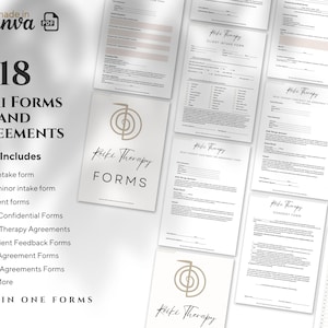 May include: A collection of 18 printable Reiki forms and agreements, including client intake forms, consent forms, and Reiki confidential forms. The forms are designed with a simple, modern aesthetic and feature a stylized Reiki symbol.
